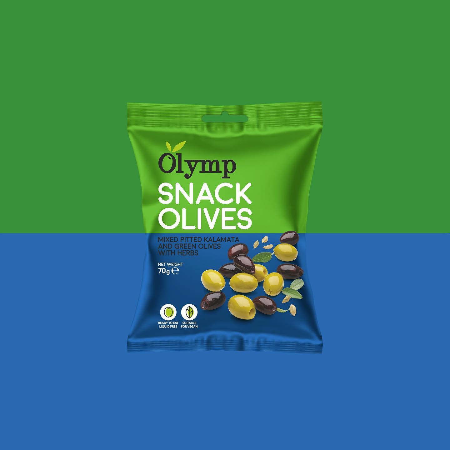 Olymp Mix Kalamata tmavé a zelené olivy bez pecky s bylinkami 70g 2